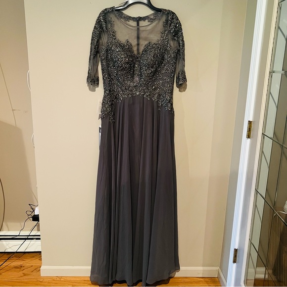 Marsoni Illusion Sleeve Embellished Bodice Dress Charcoal Women's Size 10 NWT - Picture 2 of 15